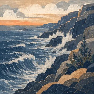Evergreen Cliffs Above Sunrise Ocean Waves