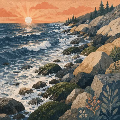 Sunrise Waves Over Evergreen Rocky Shoreline
