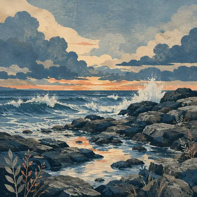 Sunrise Waves Crashing on Rocky Shoreline
