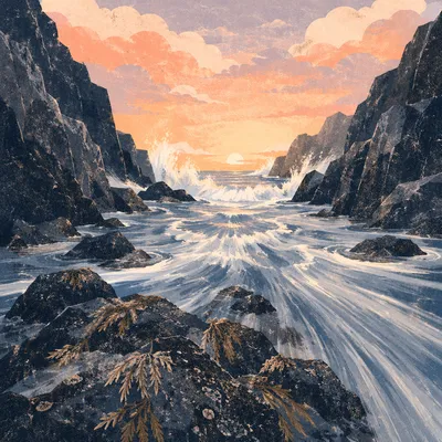 Sunrise Waves Crashing Through Rocky Cove