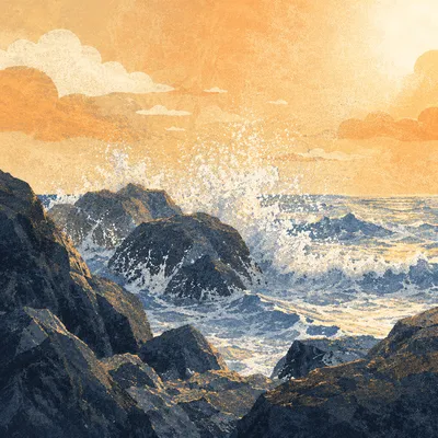 Sunrise Waves Crashing on Volcanic Rocks