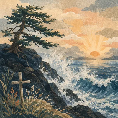 Evergreen Cross Above Sunrise Ocean Waves