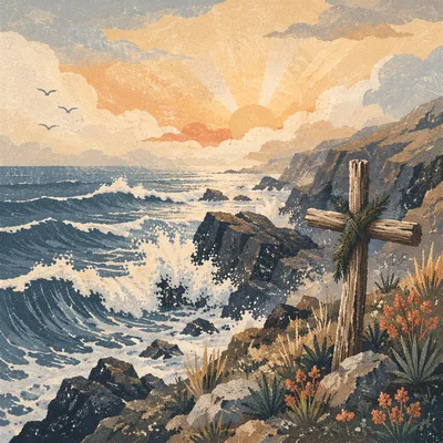Evergreen Cross at Ocean Sunrise