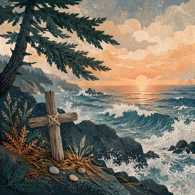 Driftwood Cross by Sunrise Waves and Evergreens