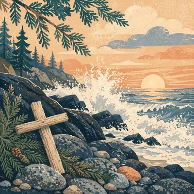 Driftwood Cross at Coastal Sunrise