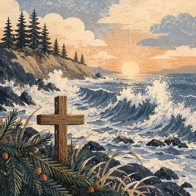 Evergreen Cross by Stormy Sunrise Waves