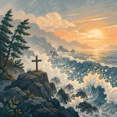 Driftwood Cross Above Stormy Sunrise Waves