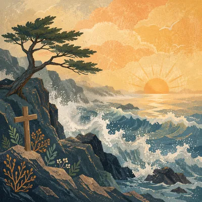 Evergreen Cross by Stormy Sunrise Waves
