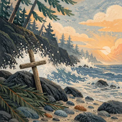 Driftwood Cross by Sunrise Ocean Waves