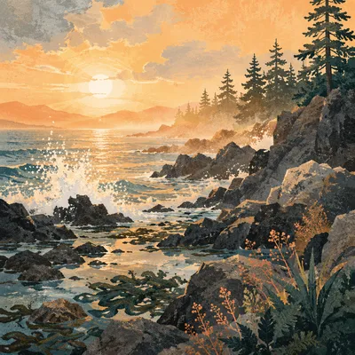 Evergreen Cliffs and Sunrise Ocean Waves