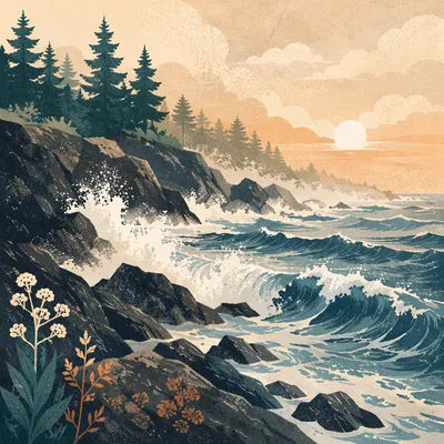 Sunrise Waves Crashing on Evergreen Shore