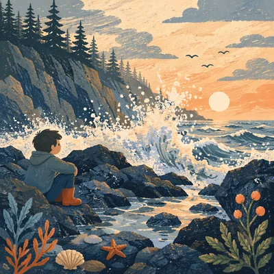 Evergreen Cliff Sunrise Over Crashing Waves