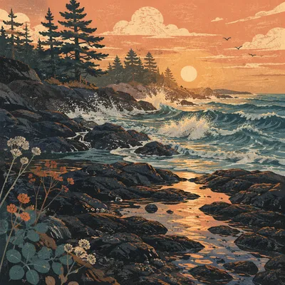 Sunrise Waves Against Evergreen Coastal Rocks