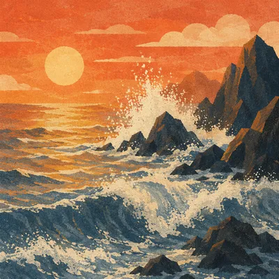 Sunrise Waves Crashing on Volcanic Rocks