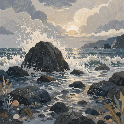 Sunrise Waves Over Volcanic Coastal Rocks