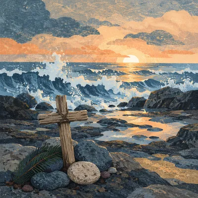 Driftwood Cross by Sunrise Ocean Waves