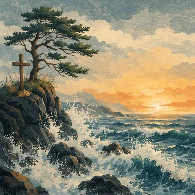 Sunrise Waves by Cliffside Cross and Pine