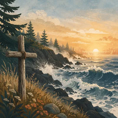 Driftwood Cross by Stormy Sunrise Waves