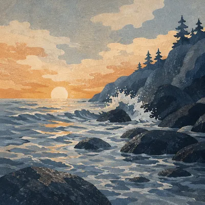 Sunrise Waves on Rocky Evergreen Shore