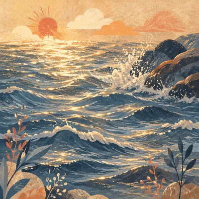 Sunrise Waves Breaking on Coastal Rocks