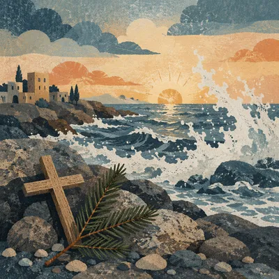 Evergreen Cross at Stormy Coastal Sunrise