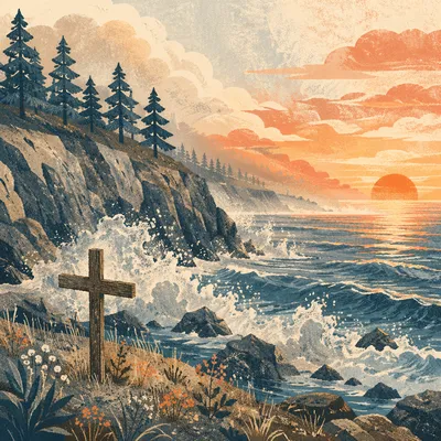 Sunrise Waves and Evergreen Cross