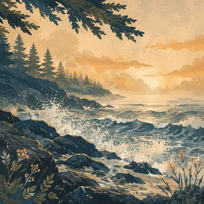 Evergreen Pines Over Crashing Sunrise Waves