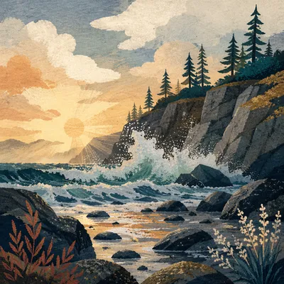 Evergreen Cliffs at Peaceful Ocean Sunrise