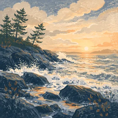 Coastal Sunrise Waves and Evergreen Pines