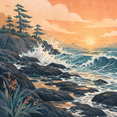 Evergreen Shore Sunrise With Crashing Waves