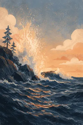 Sunrise Waves Crashing on Rugged Coastal Rocks