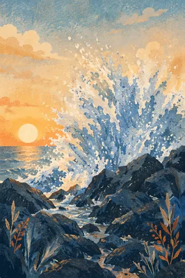 Sunrise Waves Crashing on Volcanic Rocks