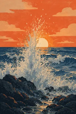 Sunrise Waves Crashing on Coastal Rocks