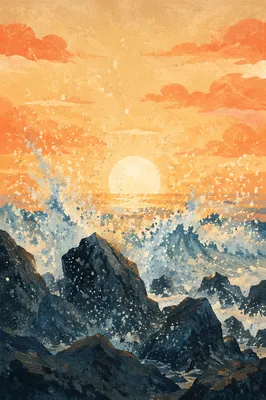 Sunrise Waves Crashing on Jagged Coastal Rocks