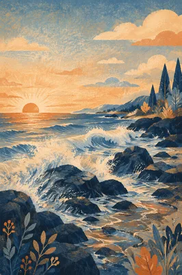 Sunrise Waves Crashing on Rocky Shore
