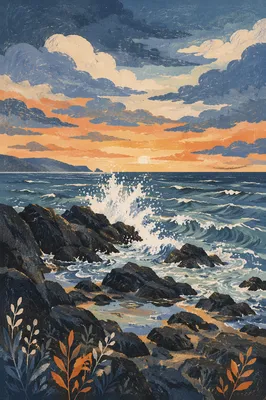 Sunrise Waves Crashing on Rugged Coastal Rocks