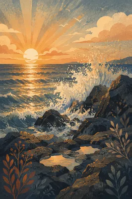 Sunrise Waves Crashing on Rocky Shore