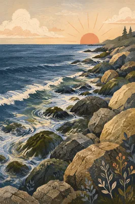 Sunrise Waves Over Evergreen Rocky Shoreline