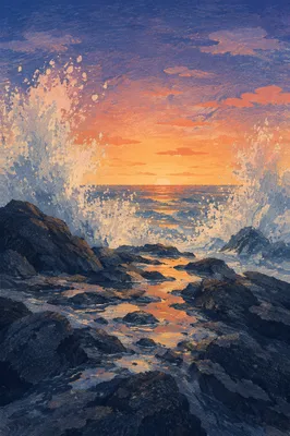 Sunrise Waves Crashing on Coastal Rocks