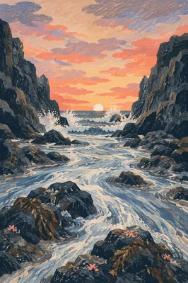 Sunrise Waves Crashing Through Rocky Cove