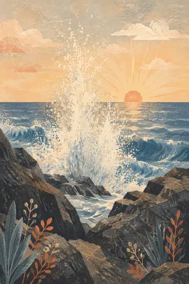 Sunrise Waves Crashing on Rugged Rocks
