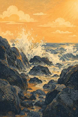 Sunrise Waves Crashing on Volcanic Rocks
