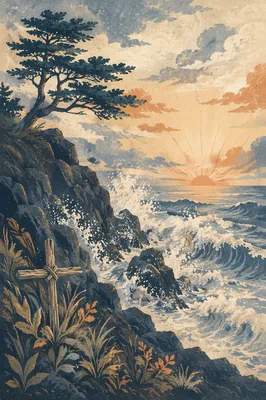 Evergreen Cross at Stormy Sunrise Coast