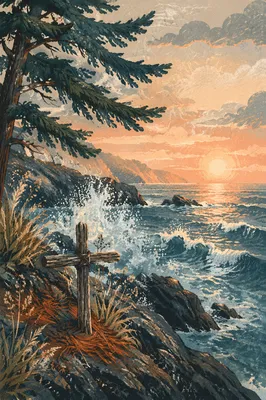 Driftwood Cross Above Sunrise Ocean Waves