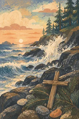 Driftwood Cross by Sunrise Ocean Waves