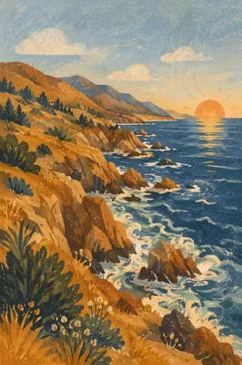 Sunrise Waves Along Evergreen Rocky Coast