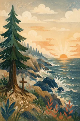 Evergreen Cross at Stormy Coastal Sunrise