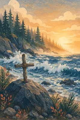 Driftwood Cross at Stormy Coastal Sunrise