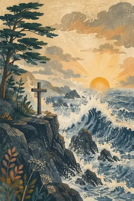 Driftwood Cross Above Sunrise Ocean Waves