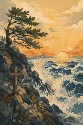 Evergreen Cross Above Stormy Sunrise Waves